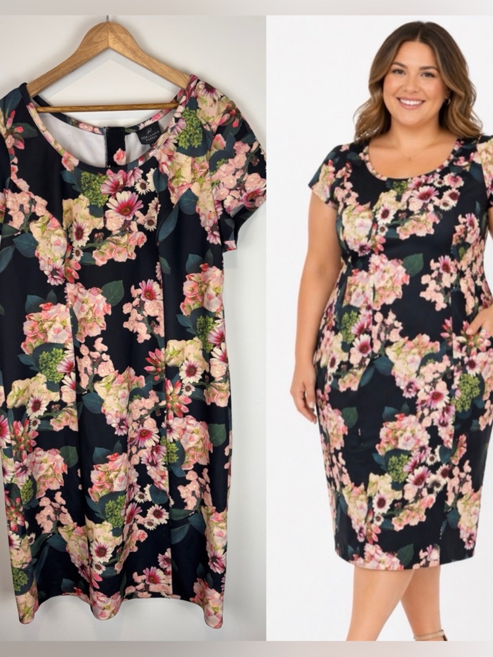 Adrianna Papell Dress Sz 14W Floral Sheath Black Pink Midi Zipper Back Event